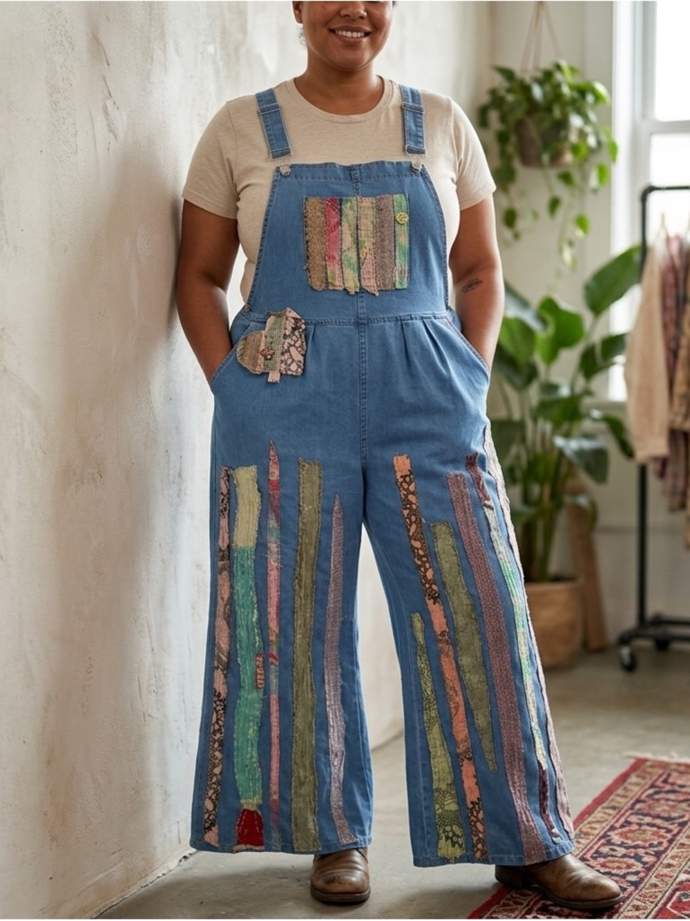 Handcrafted BoHo shabby chic adjustable overalls wide leg flowy OOAK fits most